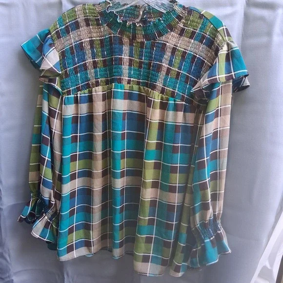 Cato Womens 18/20W Plaid Long Sleeve Blouse Smocked Neck Cuffs Green Blue Plaid - Picture 2 of 9
